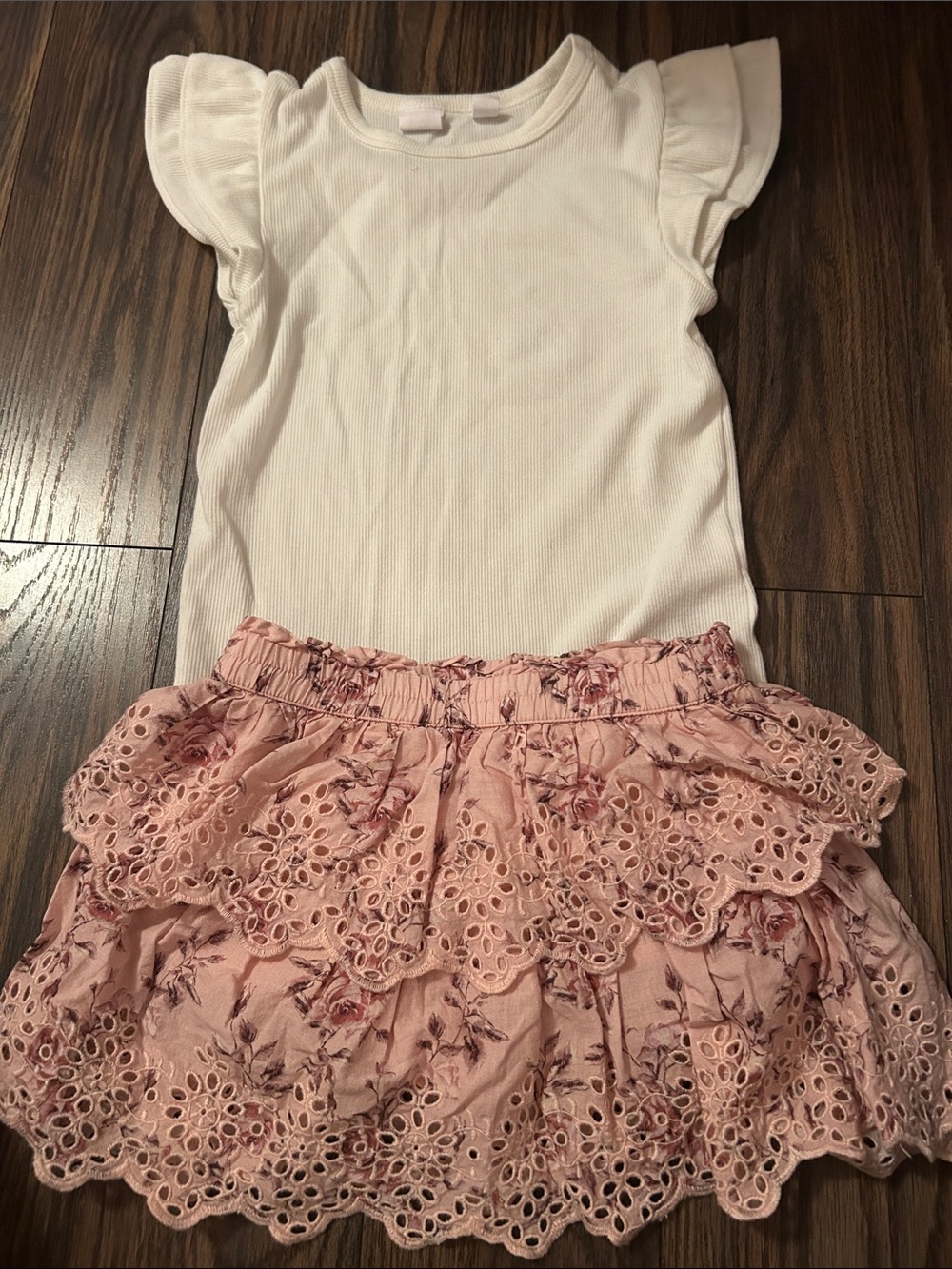 White Ruffle Sleeve Top with Pink Floral Eyelet Skirt Set